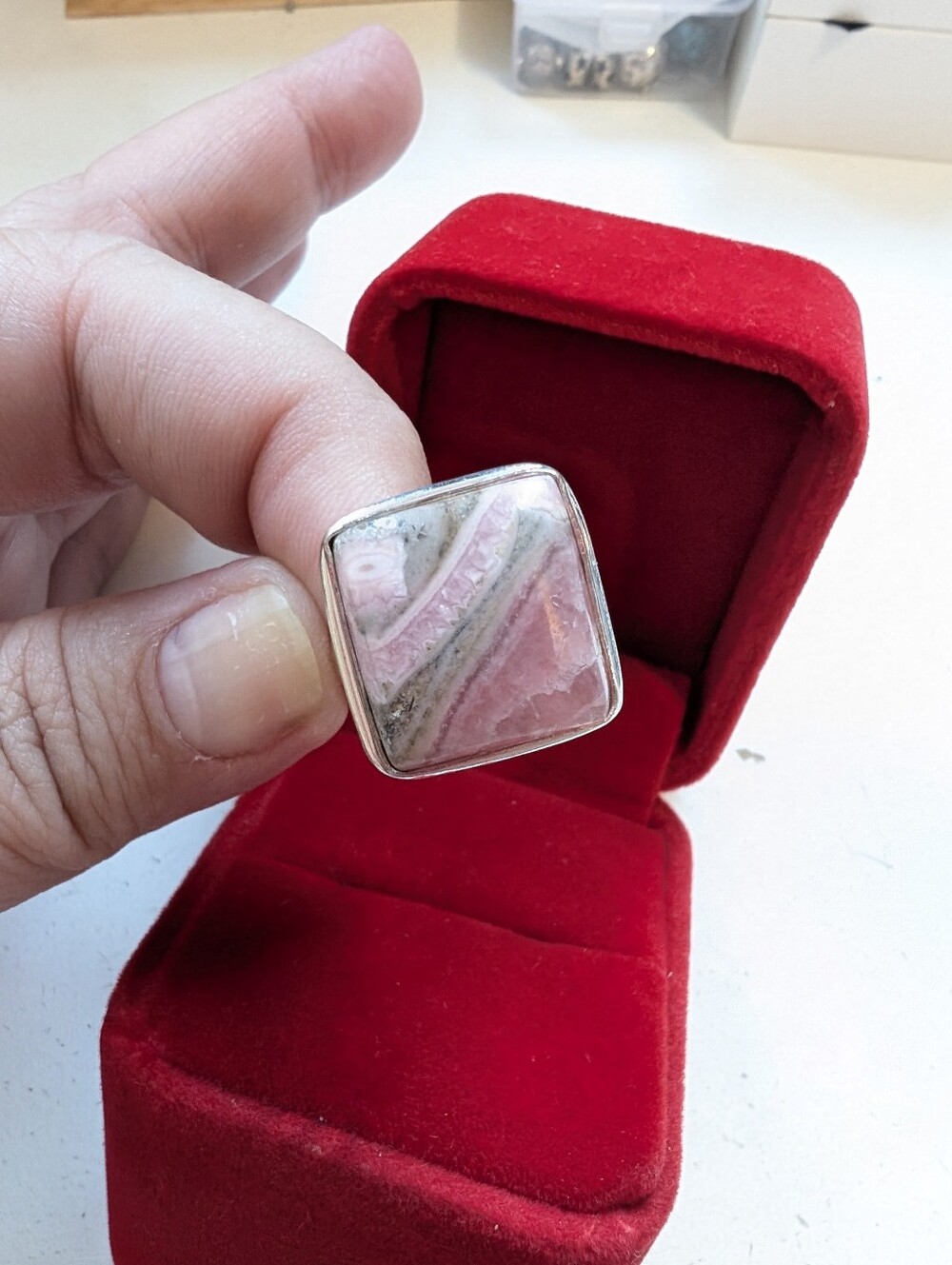 Vintage Handcrafted Pink Rhodochrosite Gemstone In Sterling Silver Size 9